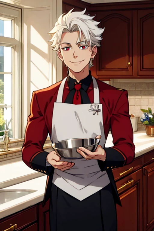 Perfect face. Perfect hands. A young white haired man with red eyes in a butler uniform is smiling on a kitchen in a fancy kitchen