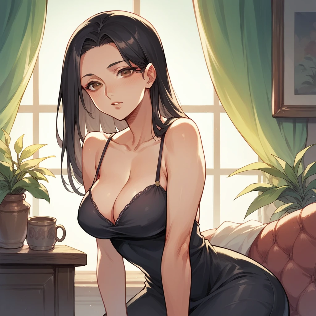 a MILF in her late 40s is in a sexy black dress as she is in your living room. she has long black hair and brown eyes. she is not happy to see you