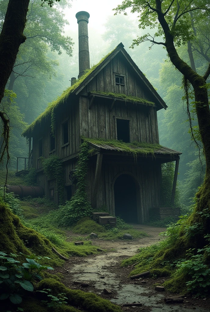 Picture an old, old sawmill. The sawmill appears to be ruined and dilapidated, surrounded by trees and bushes. As if it has been unused for a long time.