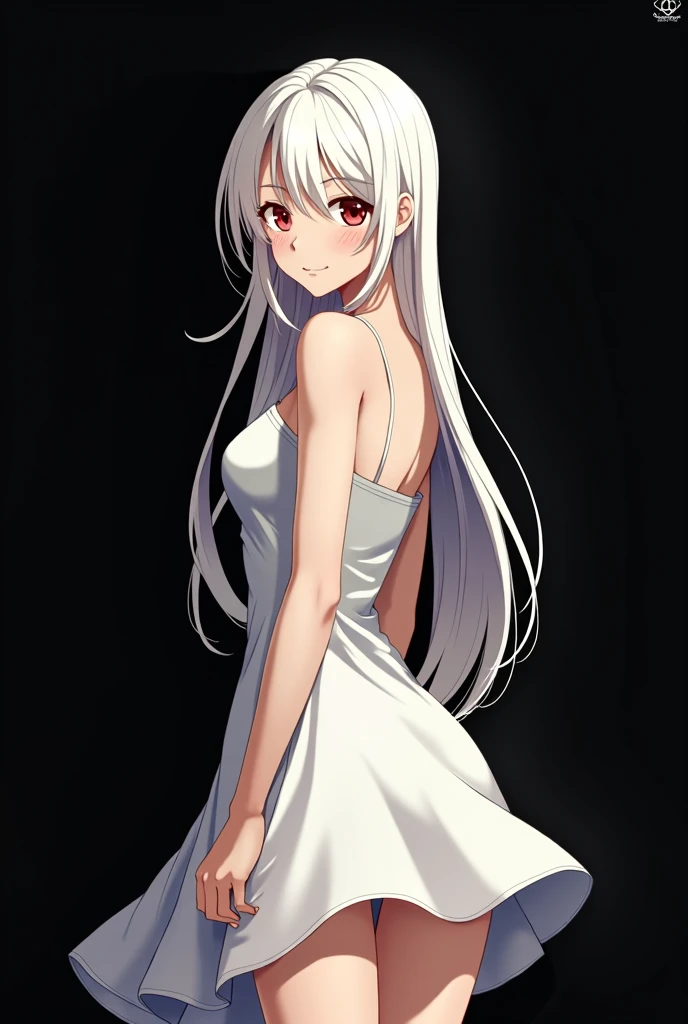 The image is in the style of a Ghibli studio anime., It features a 20-year-old albino adult woman.. She is standing with her back to a black wall, She has long hair and red eyes. Shown with a smile. She has a white dress that reaches her knees.. strong thighs.