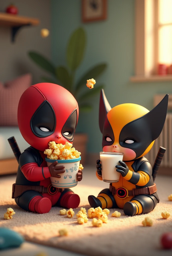 Baby deadpool eating popcorn while baby wolverine drinking a glass of milk