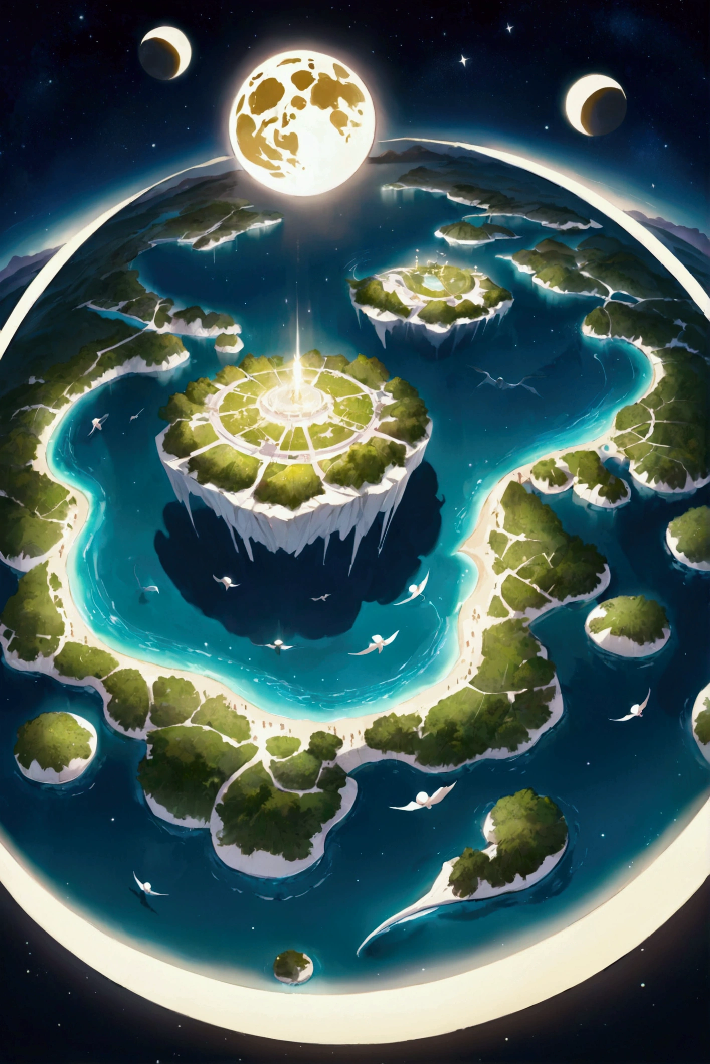 Perfect view、Looking down from above、Land with lakes、Many floating islands、Moon in the night sky、Stars and Rings