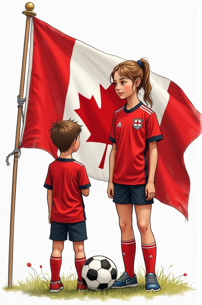 I want a poster with measurements of 100cm wide x 60cm high With the Canadian flag, a boy and a girl wearing the Canadian soccer team uniform in a drawing