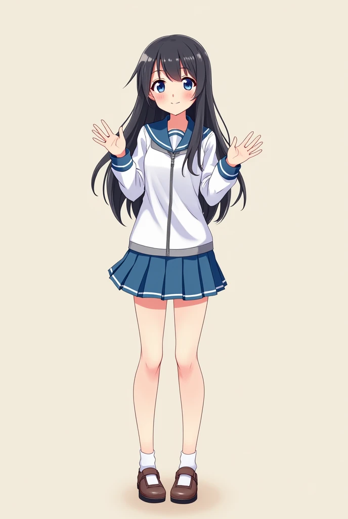 normal uniform and straight posture, her blue eyes and her loose hair anime greeting