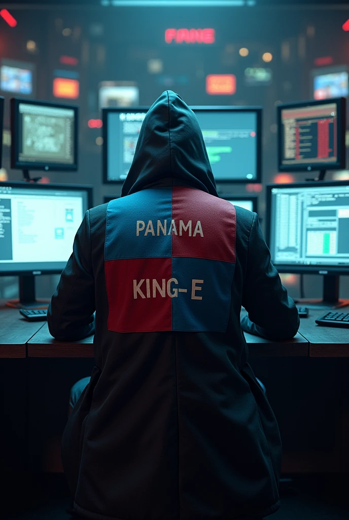 A man sitting with his back to many monitors wearing a hacker coat with the Panama flag on it with a name on the back of it "KING E