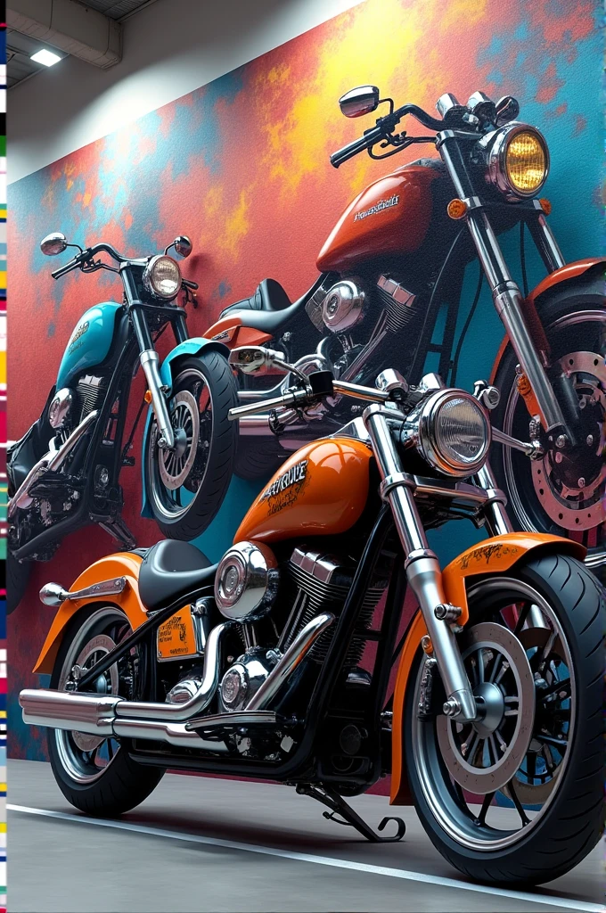 Several motorcycles together to form a wall painting