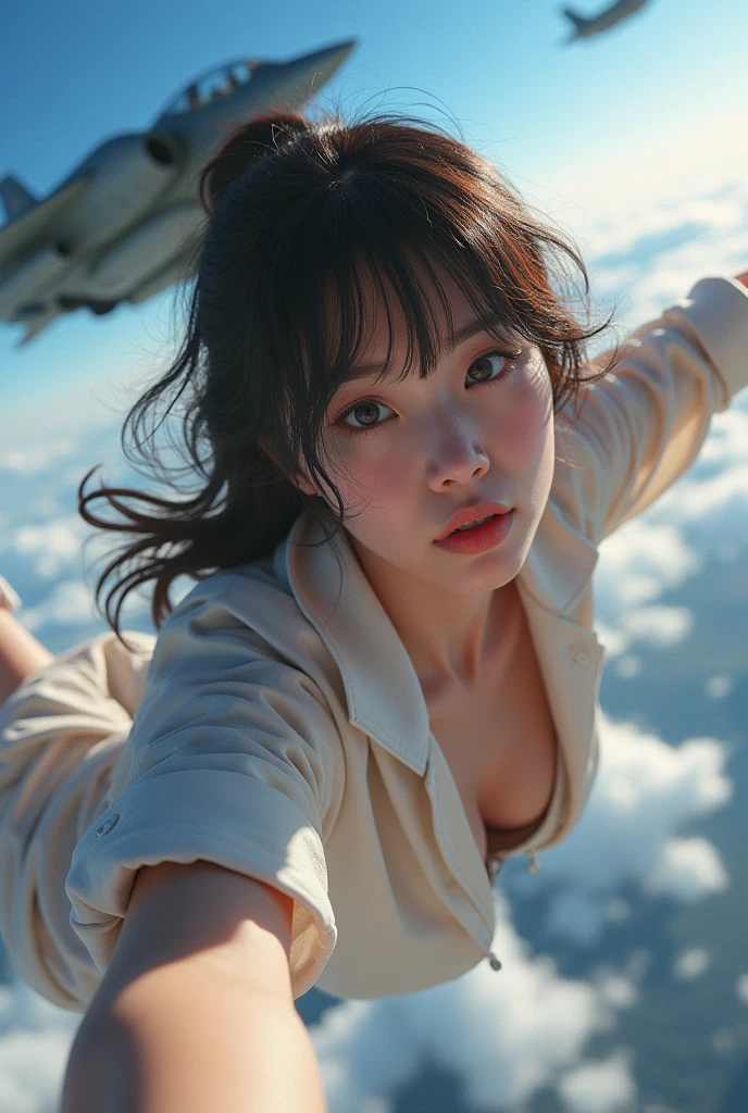 NFSW, photo-realistic, ultra-realistic, very beautiful Japanese, famous Japanese idol, 20 years old, dramatic scene, masterpiece, beautiful eyes, mad scientist, conducting a crazy experiment, She developed a special ability to fly, flying with fighter jets, supersonic flight, amazing view from the sky, (very large breasts:1.3), acrobatic pose, dynamic angle, wearing dynamic outfits for mad scientist