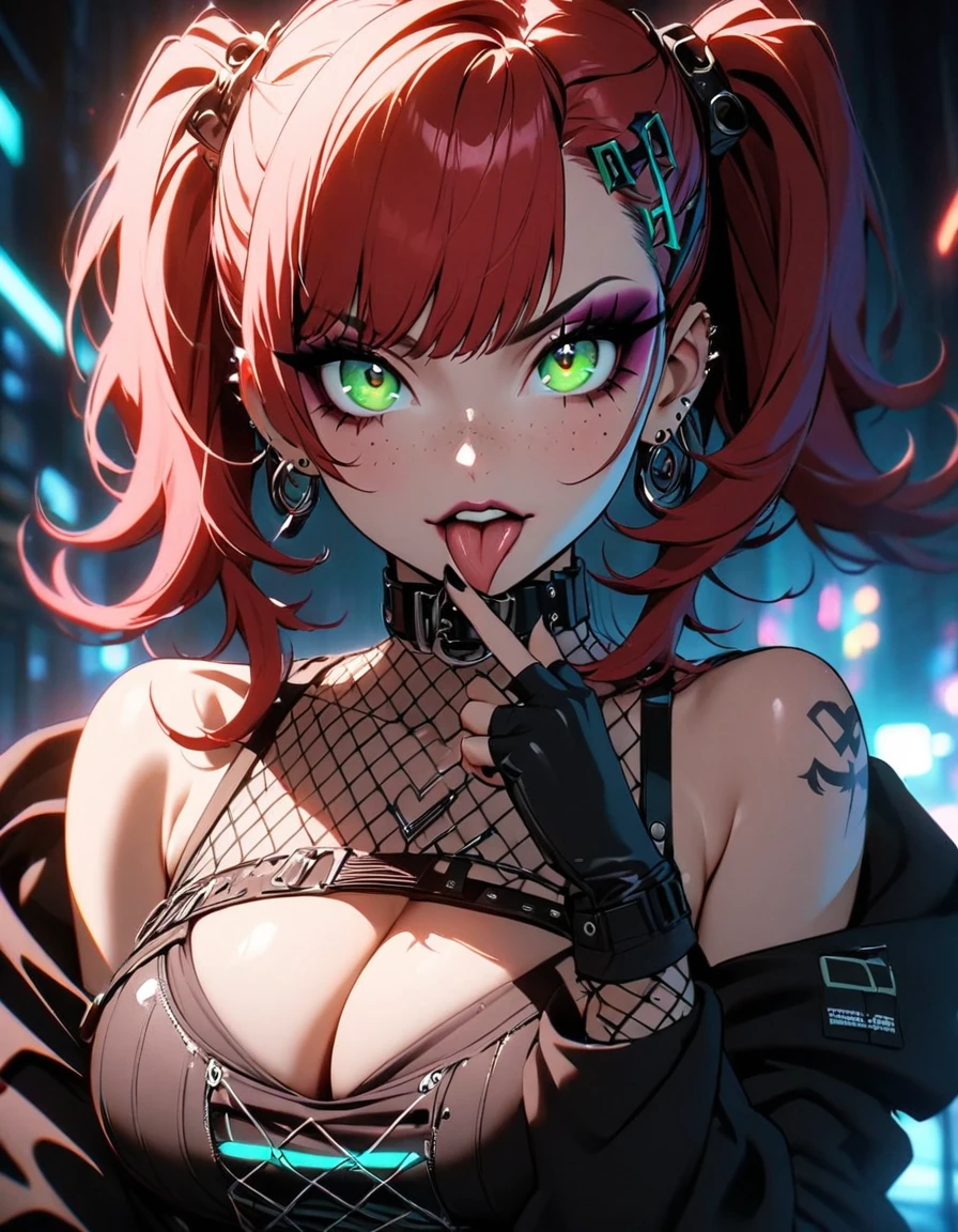 woman, curly red hair in pig tails, green eyes, eye shadow, black hoodie, black finger-less gloves, exposed shoulders, large breasts, freckles, cleavage, fishnet undershirt, looking at viewer, Holo-Punk Style, goth, earrings, eyelashes, makeup, solo, tattoo, punk aesthetic, cinematic lighting, masterpiece, best quality, face close up, sticking tongue out, two fingers