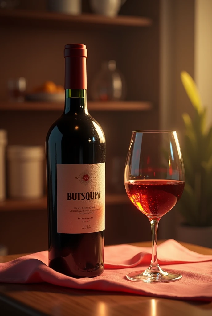 a bottle of wine and its respective glass, that looks realistic in a warm environment 