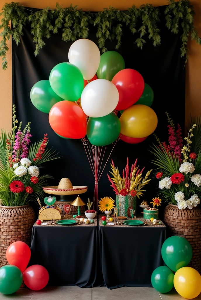 A stand with green balloons ,White and red with a black background on one side for the balloons and on the other side some flowers in colors representative of Mexico and also with a Mexican hat with two tables together with a black tablecloth with pendants of various colors and balloons in the shape of a mustache and a taco