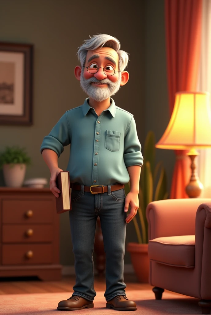 A male character of approximately 3, with short gray hair and a gray beard, also short and well-groomed. Your skin is white, and he has expressive eyes that convey a mixture of wisdom and warmth. His face has soft and friendly features, with expression lines that suggest both frequent smiles and a lifetime of experiences. He is of average height and has a slim physique., weighing about 70 kg. Wears a casual light blue button-down shirt, paired with comfortable dark jeans. On the feet, wears simple brown shoes, that complement your relaxed look. The character is holding a hardcover book in one hand, giving the impression of being a lover of reading. Ao fundo, the setting is warm and inviting, resembling an animated living room, with a comfortable armchair and a reading lamp that gently illuminates the room. All in the vibrant, animated style characteristic of Disney Pixar films., with bright colors and soft shapes.
