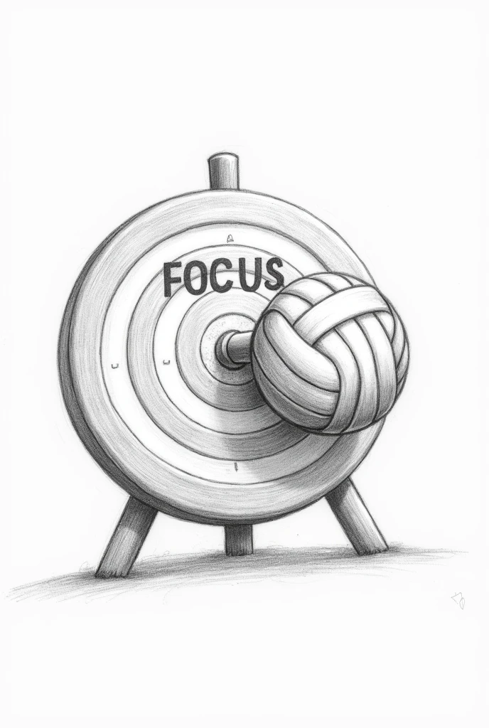 Draw a pencil sketch and Create a target with an volleyball ball hitting the bullseye. Write "Focus" in bold, clear letters inside the bullseye to represent your achievement.