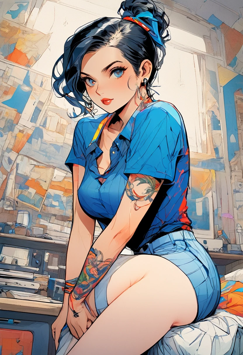 (Highest quality:0.8), (Highest quality:0.8), Perfect illustration((masterpiece, Highest quality)),, Mature Woman, Black Hair, Pigtail, Blue blouse, Blue mini skirt, Blue panties, Black thighs, (Big breasted), Inside the house, room, colorful, Bright colors, first work, Absurd, beautiful (tattoo:1.3),