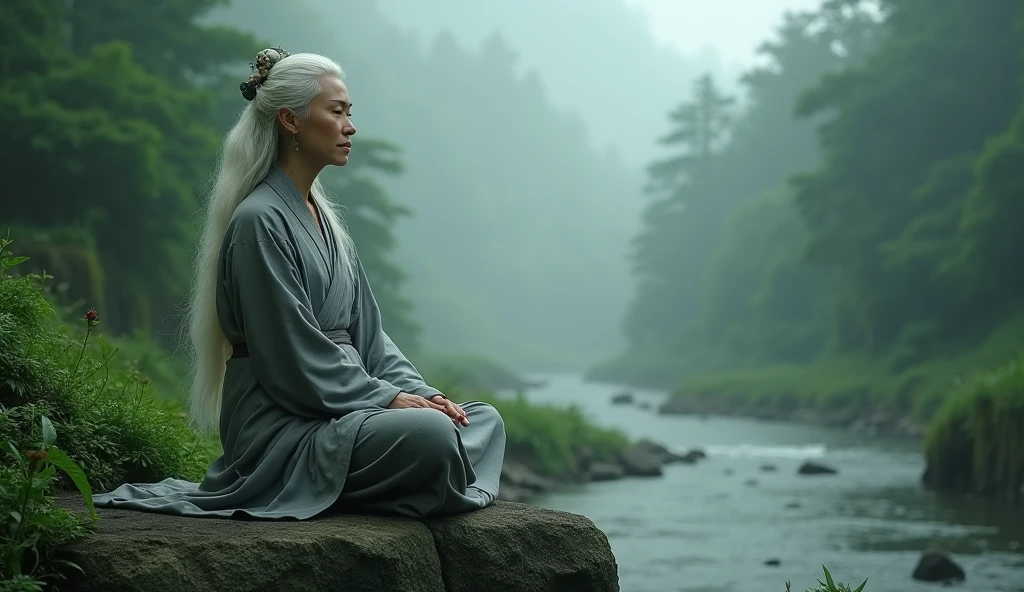 (wide angle shot) , A beautiful middle-aged woman in Asian Taoism, calm face, sitting on a nearby stone, with long white hair, sitting cross-legged, hands on both knees. Taoism, wearing a gray robe, miraculous aura, Taoist master, lush landscape, dark green, forest, fog, river.