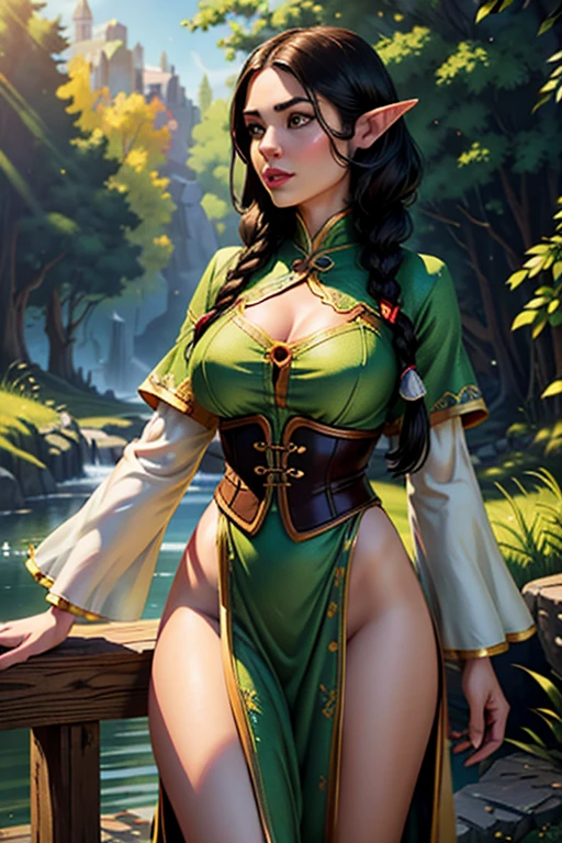 A female elf with long black hair in braids, brunette with a round face, wearing green and white fantasy clothing, standing in a fantasy town, fantasy character, highly detailed, intricate, (best quality,4k,8k,highres,masterpiece:1.2),ultra-detailed,(realistic,photorealistic,photo-realistic:1.37),HDR,UHD,studio lighting,ultra-fine painting,sharp focus,physically-based rendering,extreme detail description,professional,vivid colors,bokeh,fantasy art