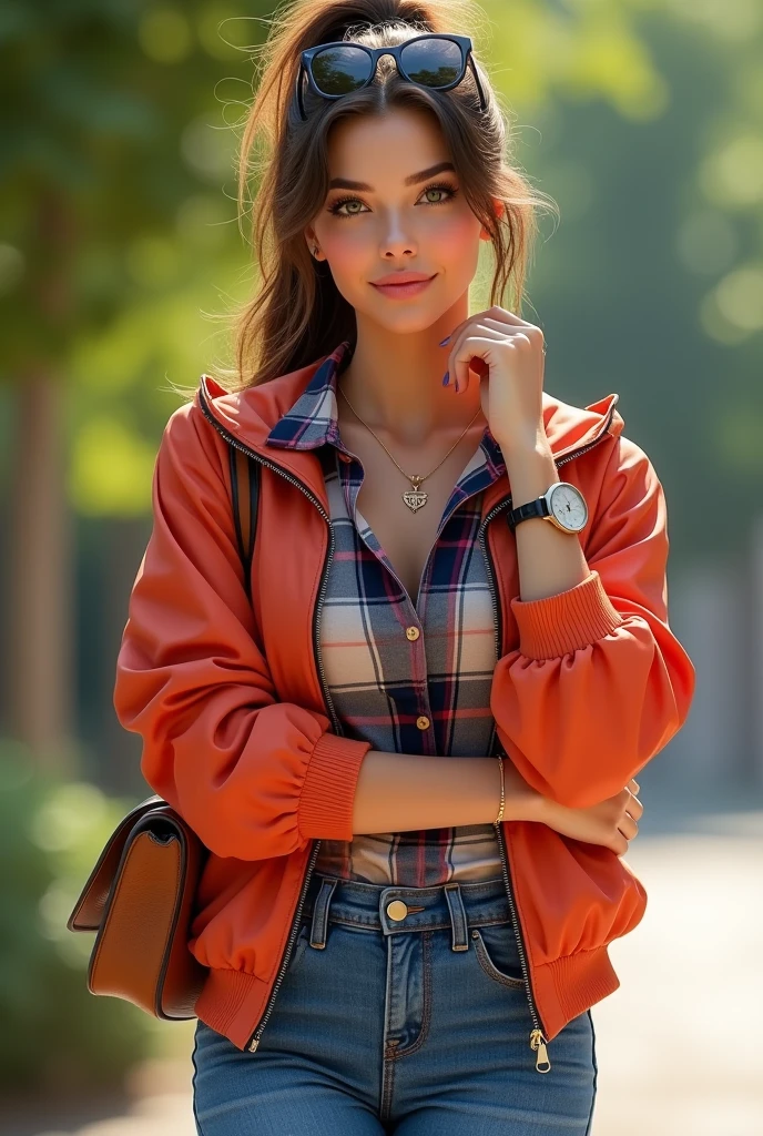 Full body beautiful white skin latin woman, 5'7" tall, ponytail medium brown hair, deep green eyes, wearing coloured black, pink and white zipped up windbreaker shell down nylon jacket, rolled up sleeves, zipped up jacket, plaid formal button down blouse with up collar over jacket, belted high waisted wide legs denim pants, happy smile, walking outside, high hill sandals, summer sunny day, bag, crossing arms, hand under chin, sun glasses over head, watch and bracelet, neck chain