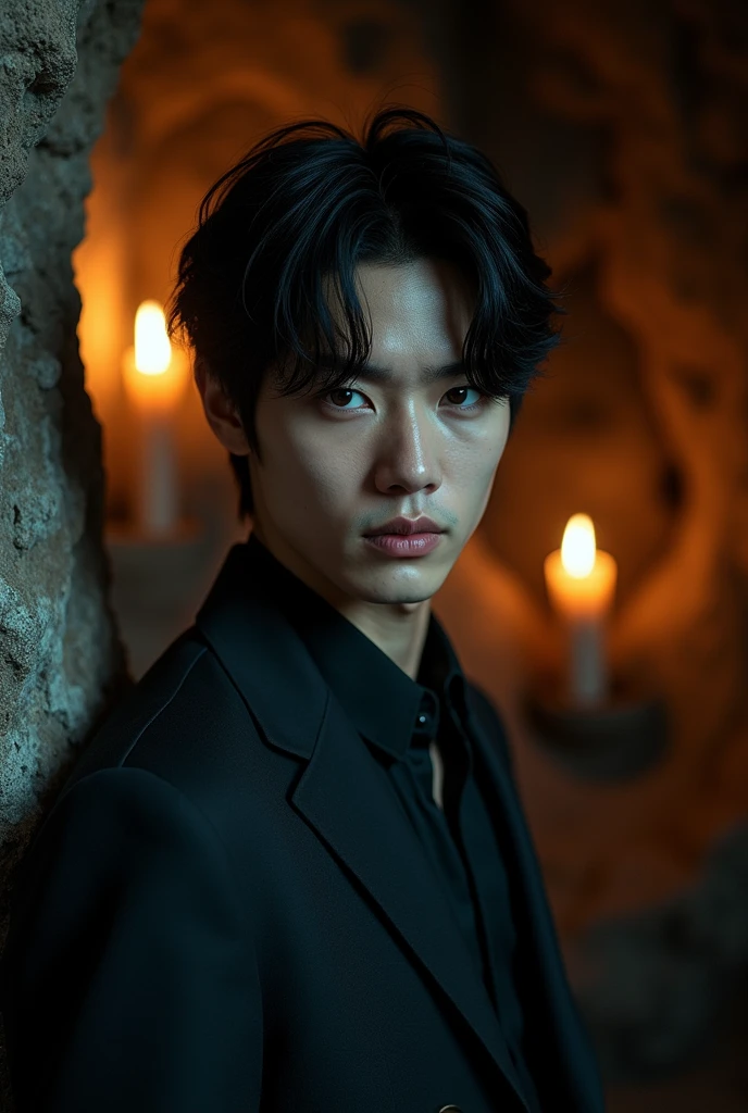 25 year old young man, (grim facial expression), Textured light skin, shiver, black colored hair,  black eyes, usando um terno preto, dark and mysterious cave with unique rock formations and hidden wonders, perfects eyes, (candle light,Bright dark), Support 160 colors.