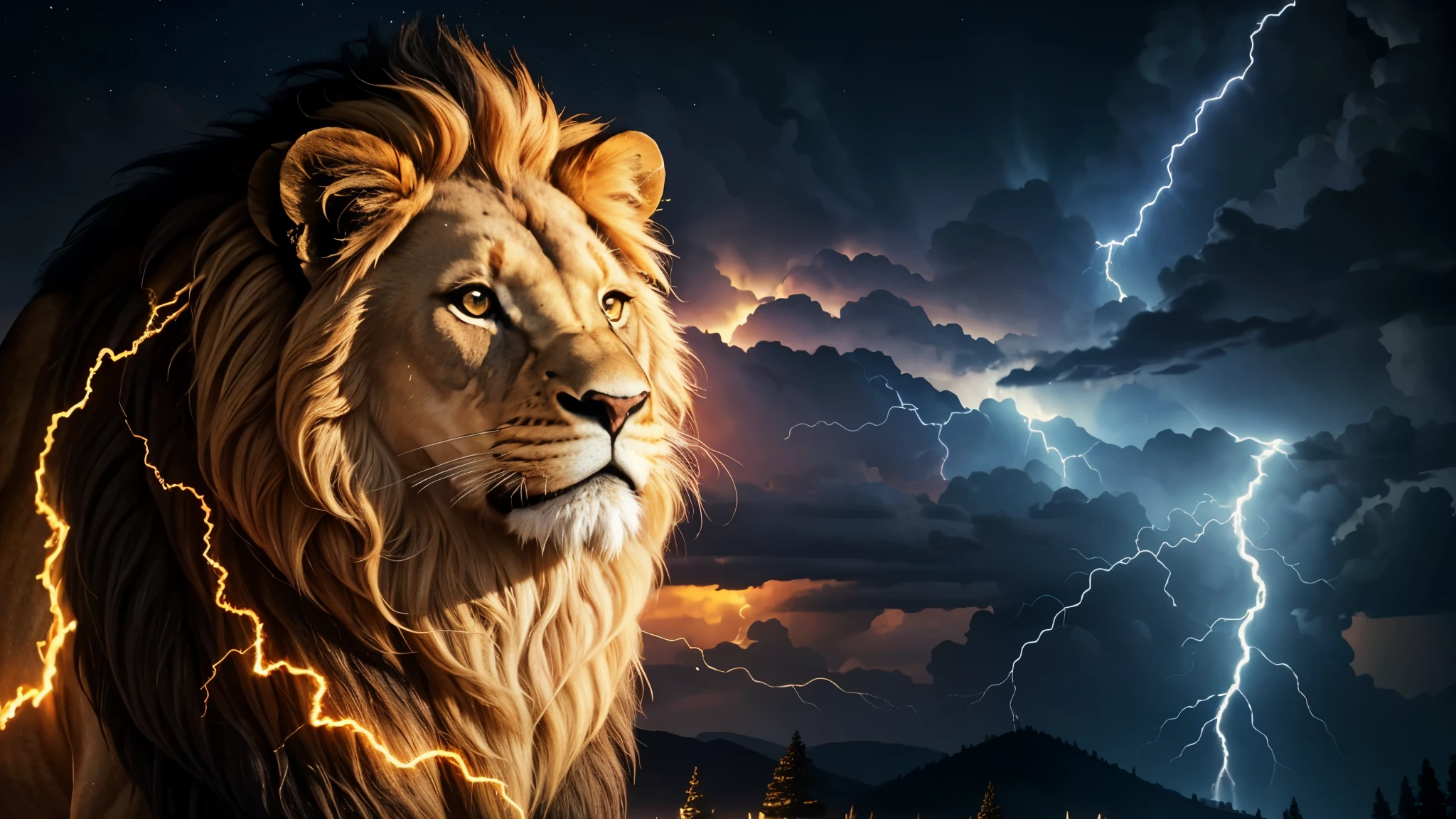 Lion, Divine lion, naturals, thunder, Realistic lion, rey, realistic detailed, sunset light, sky, sol da noite, realistic detailed 16K, Eletricidade Detalhada 8k, Texturas realistas de 8k, Cores photorrealistic 8k, fire azul, realistic detailed Fire Bolt, sky Light Detailed, Power of thunder, Divine Realistic, golden crown, golden crown, golden crown, naturey, Linda, Rendering, photorrealistic, UltraHigh definition, 4K, detailed textures, thunder, detailed shadows, detailed colors, neon blue, blue light, lightning strikes, blue power, naturey Linda, Great Divine, peaceful face, naturalss, lightning strike, Electric power screw, detailed contrast, realistic contrast, high resolution, detailed colors, fire, villany, divine creature, 8k FullHD, realistic detailed, 16K, 8k, High definition, detailed contrast, realistic contrast, high resolution, detailed colors, fire, villany, divine creature, 8k Realistic lion Face, Beauty Lion, Beauty Nature, realistic detailed, chic, elegance