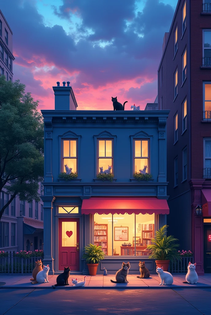 New York City, sunset of blue and purple in the background, veterinary office that can be seen in the photos and with many cats outside on the street