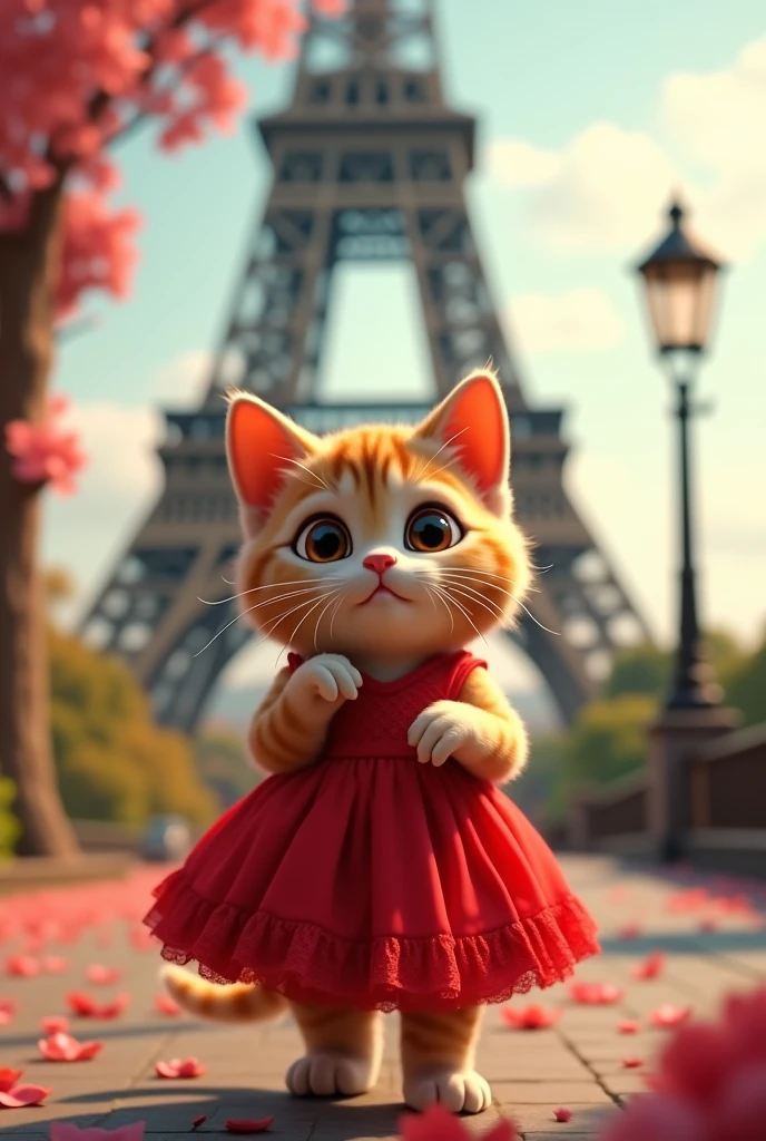 a small happy cat standing facing forward, front paws raised, big cute eyes, human expression with red dress walking in front of the Eiffel Tower, detailed 4k, hyper realistic, intricate details, photorealistic, cinematic lighting, vibrant colors, beautiful scenery, elegant, whimsical, magical, adorable