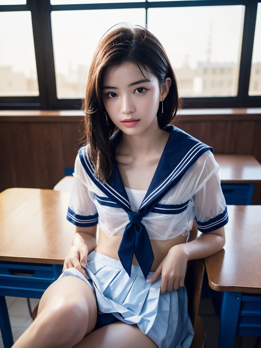 masterpiece:1.2, Very detailed, Ultra-high resolution, Realistic, photo Realistic:1.6, High-resolution RAW color photos, Professional photos, Sharp focus:1.2, Very detailed顔と肌の質感, Very beautiful eyes, Glossのある肌, Glowing Skin, Glowing Skin, Shining Face, Gloss, Oily skin, greasy face, Oily skin, greasy face,, real Glossのある肌 texture, Perfect Anatomy, Very detailed背景,(High school classroom at night),1 female,25-year-old woman, Japanese women,height: 168cm,short hair, Straight hair, bangs, Brown Hair,((Flat Chest:1.6)),Slender legs, (See-through white short-sleeved sailor suit、Navy blue pleated mini skirt:1.5、Sexy T-panties under skirt),(A sailor uniform made of wet, very transparent fabric:1.5),Earrings,(Sitting on a desk with your knees)