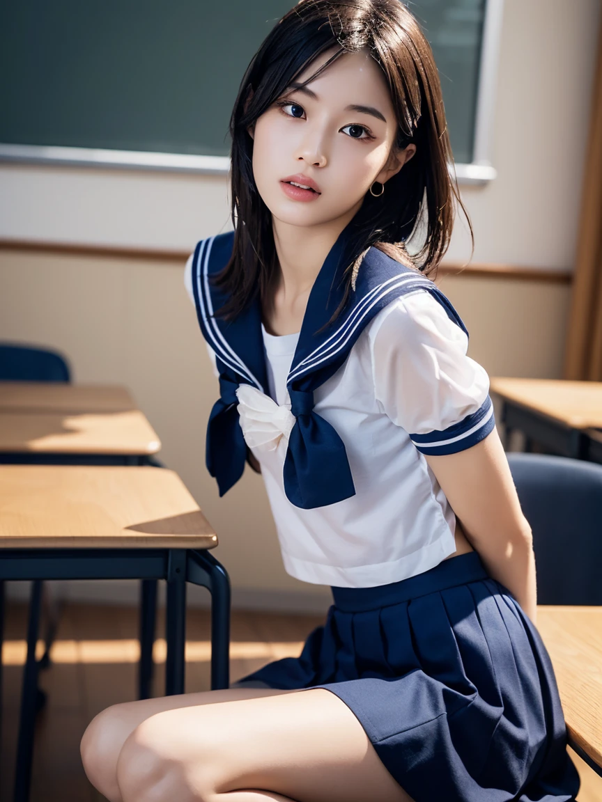 masterpiece:1.2, Very detailed, Ultra-high resolution, Realistic, photo Realistic:1.6, High-resolution RAW color photos, Professional photos, Sharp focus:1.2, Very detailed顔と肌の質感, Very beautiful eyes, Glossのある肌, Glowing Skin, Glowing Skin, Shining Face, Gloss, Oily skin, greasy face, Oily skin, greasy face,, real Glossのある肌 texture, Perfect Anatomy, Very detailed背景,(High school classroom at night),1 female,25-year-old woman, Japanese women,height: 168cm,short hair, Straight hair, bangs, Brown Hair,((Flat Chest:1.6)),Slender legs, (See-through white short-sleeved sailor suit、Navy blue pleated mini skirt:1.5、Sexy T-panties under skirt),(A sailor uniform made of wet, very transparent fabric:1.5),Earrings,(Sitting on a desk with your knees)