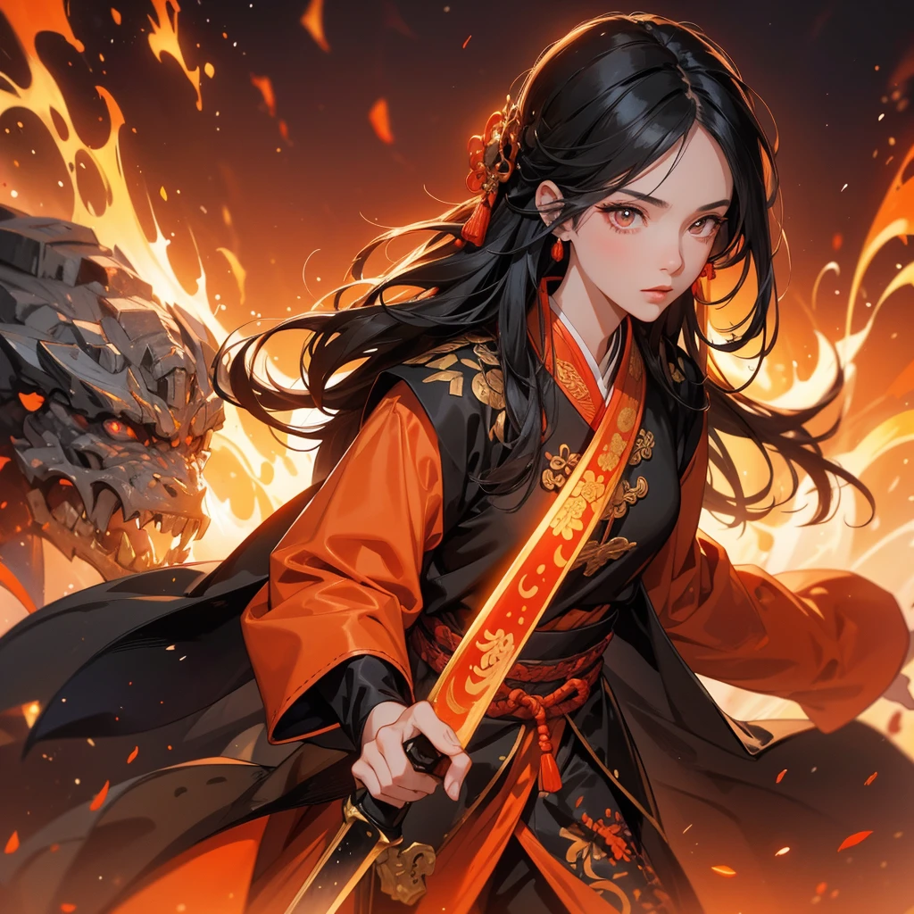 beautiful woman black-haired male general holding a large sword in  ancient Chinese general costume, Surrounded by a volcano erupting, red and orange, surrounded by volcanic rocks, sunset, close up.