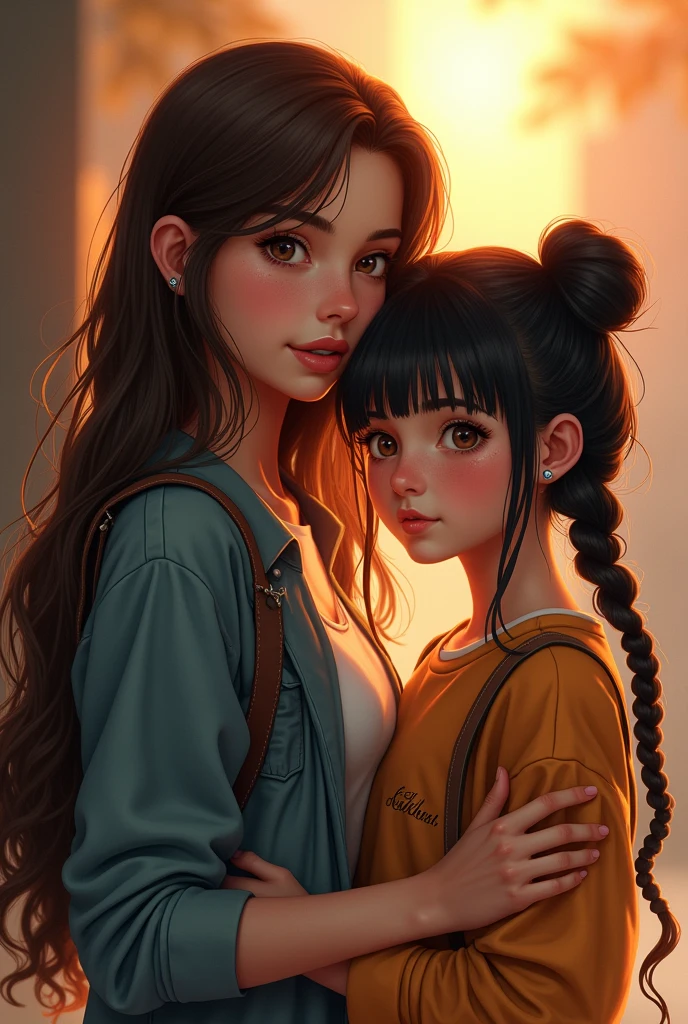 Two best friends, one tall with long brown hair and brown eyes, , and the other shorter in stature with black hair and black eyes with two braids and bangs, . 