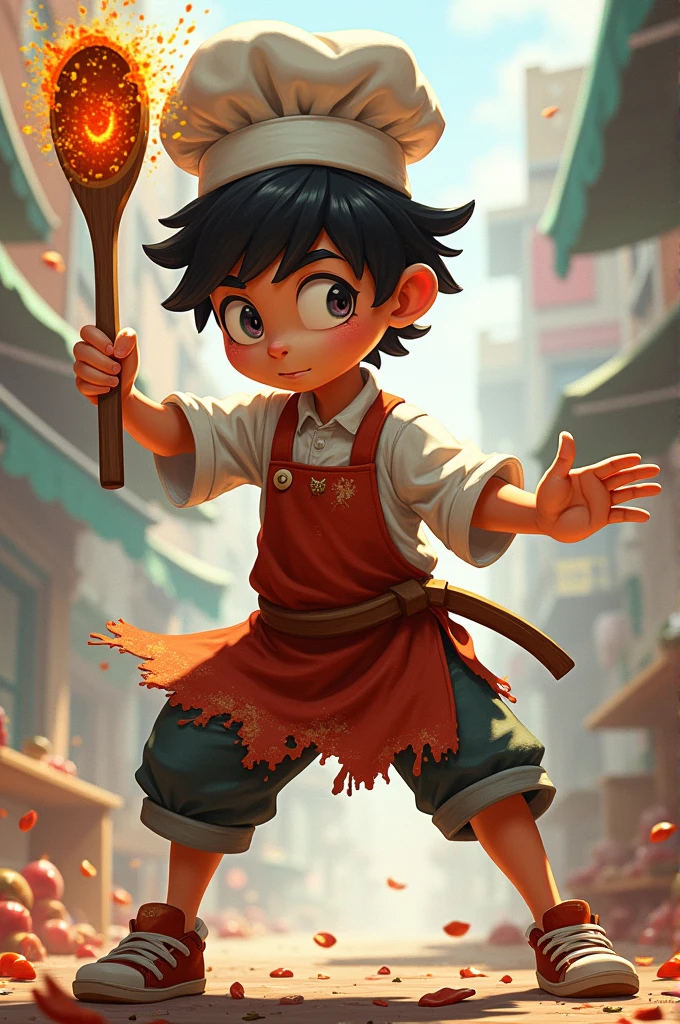 Create a brawler named Nino, who wears cooking clothes and uses a wooden spoon "magic" to attack your enemies, he has short black hair, and it's one of 12/13 year old