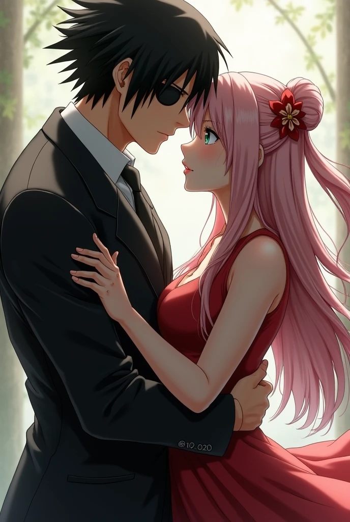Sasuke Uchiha a 30 year old adult with black eyes and hair wearing an eye patch and wearing a stylish black suit hugging and looking at Sakura Haruno a 20 year old with long light pink hair and jade green eyes wearing a long red dress 