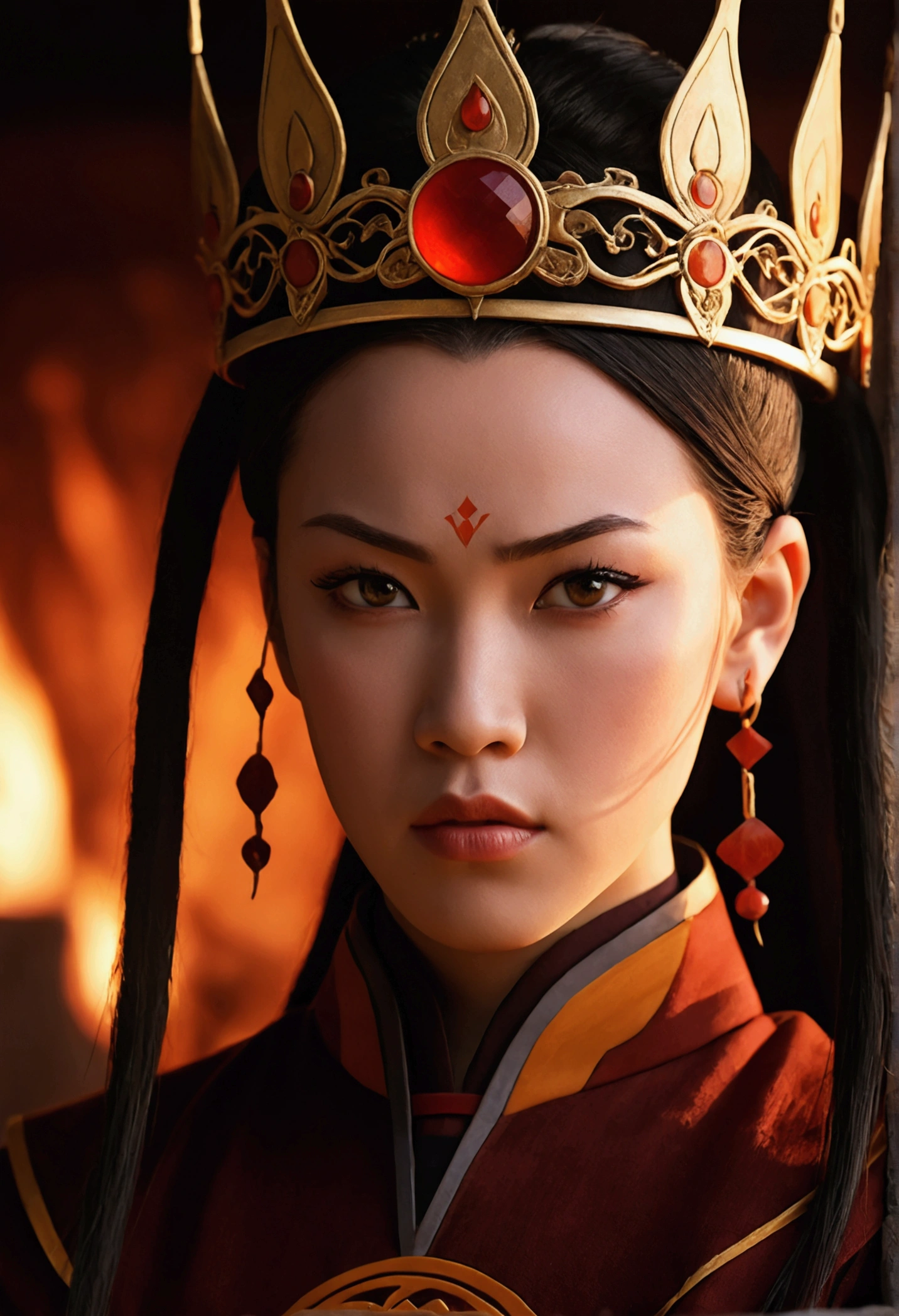 a beautiful  girl, princess azula from fire nation, detailed face, piercing eyes, intense expression,  dark hair, ornate headpiece, detailed clothing, fantasy medieval princess, dramatic lighting, cinematic, dramatic shadows, rich colors, highly detailed, 8k, masterpiece