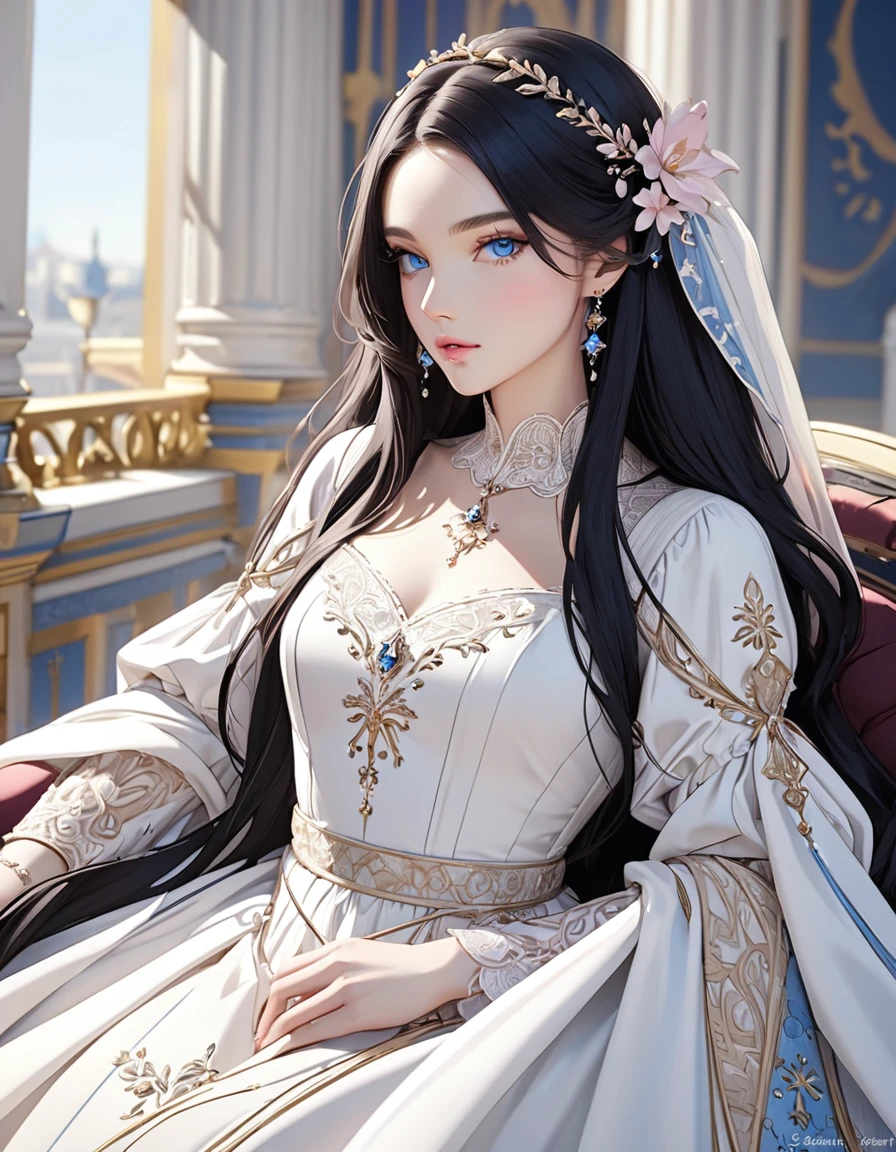 Beautiful woman with very long black hair, side-swept bangs, sparkling blue eyes, light pink lips, fair skin. Elegant but modest white renaissance dress.