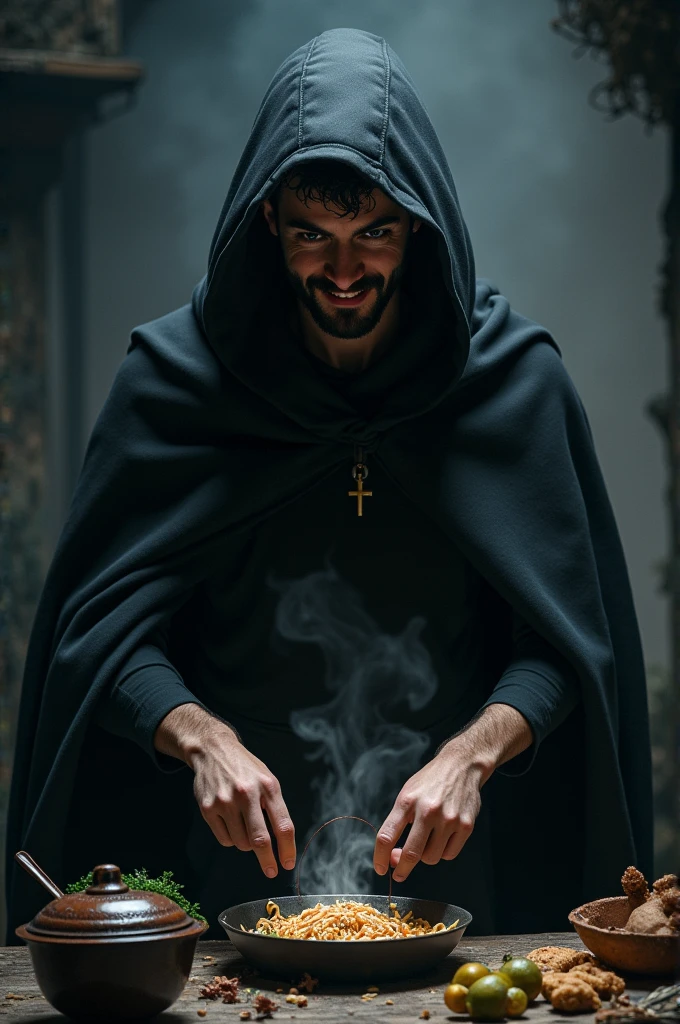 make a meal with a hood and black cape, he is young and has a small beard, he smiles with his teeth and has deep eyes and looks down do it in a dark environment
