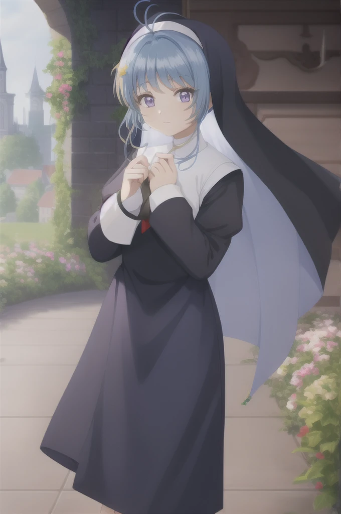 maha, 1girl, solo, long_hair, breasts, looking_at_viewer, bangs, medium_breasts, blue_hair, purple_eyes, sidelocks, star_hair_ornament, indoor, nun, garden, church, outdoor