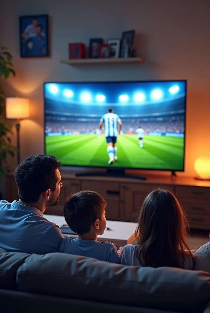 an advertisement showing an Argentine family watching a modern television with an Argentine national team match 