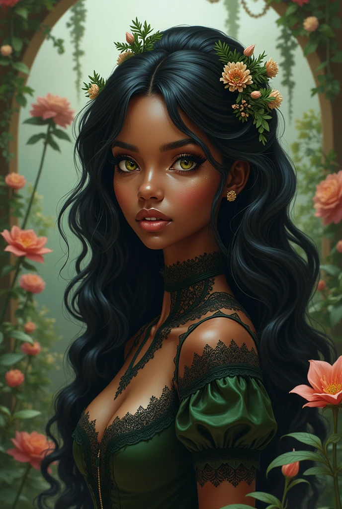 Make it in the style of the anime Delicos Nursery. From an adult BLACK woman with long black curly hair, green eyes wearing a victorian outfit.