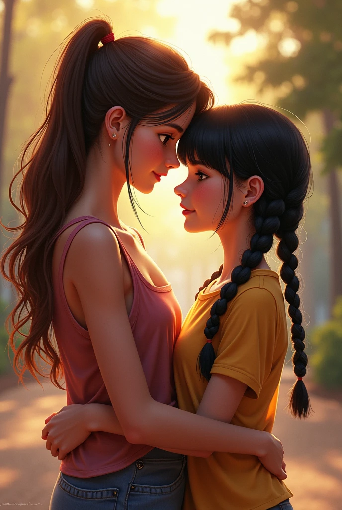 Two best friends, one tall with long brown hair and brown eyes, , and the other shorter in stature with black hair and black eyes with two braids and bangs, . 