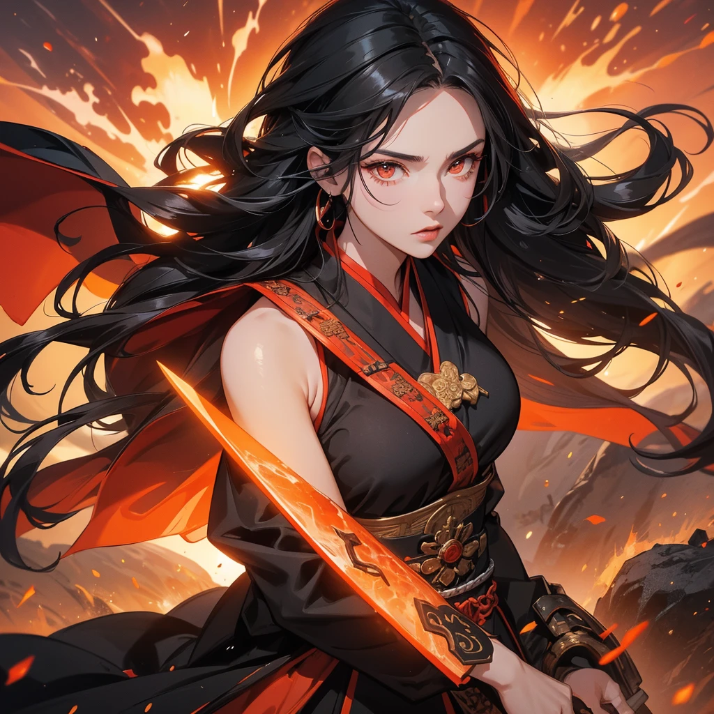 beautiful woman black-haired male general holding a large sword in black ancient Chinese general costume, Surrounded by a volcano erupting, red and orange, surrounded by volcanic rocks, sunset, close up.