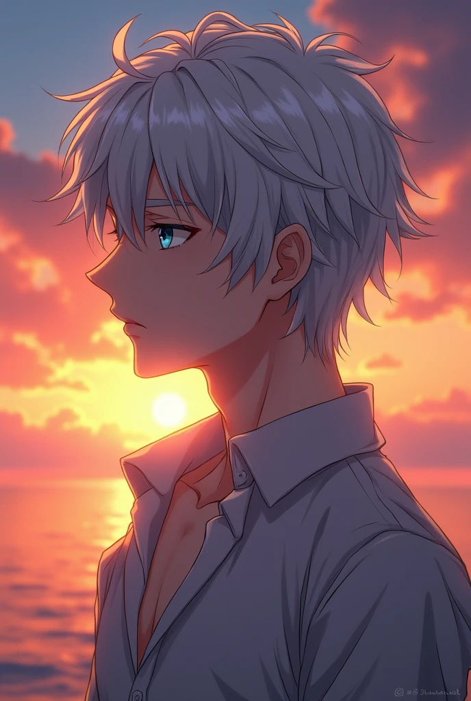 Believe me, a male anime character that doesn't exist who has white hair, light blue eyes and is looking towards the sunset, that has a well-formed body.