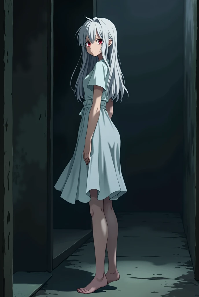 The image is in the style of a Ghibli studio anime., although somewhat gloomy, It features a 20-year-old albino adult woman.. She is standing with her back to a black wall, She has long hair and red eyes. Shown with a smile. She has a white dress that reaches her knees.. strong thighs.