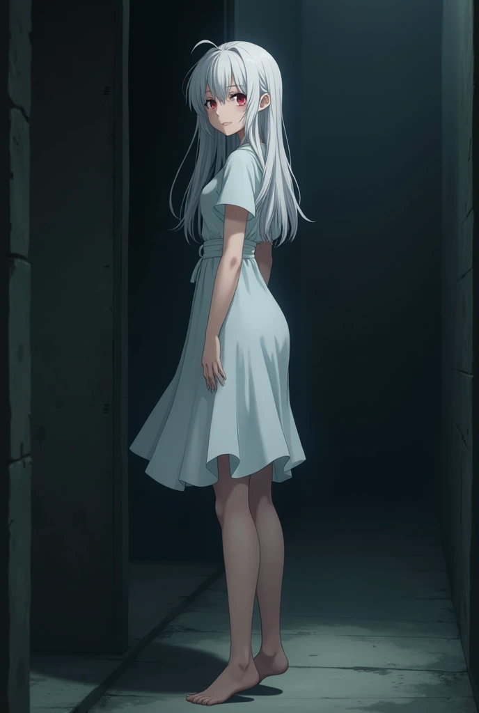 The image is in the style of a Ghibli studio anime., although somewhat gloomy, It features a 20-year-old albino adult woman.. She is standing with her back to a black wall, She has long hair and red eyes. Shown with a smile. She has a white dress that reaches her knees.. strong thighs.