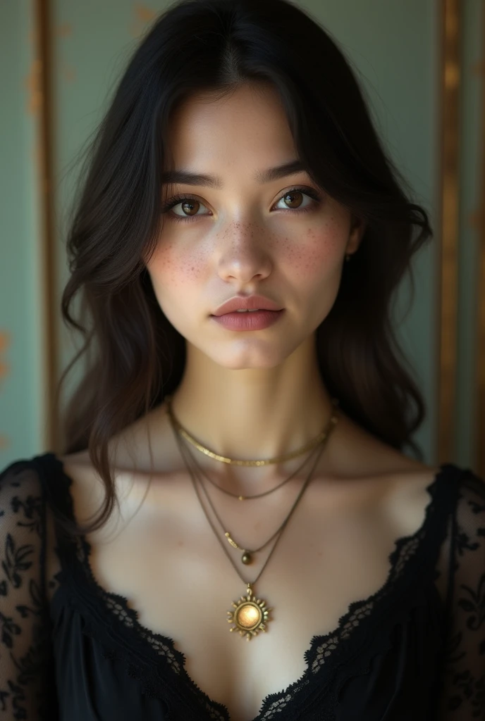 This image shows a portrait of a young woman with delicate features and a serene expression.. He has dark hair, slightly wavy and loose, with some strands falling around her face. His skin is clear, with subtle freckles on the cheeks, and his eyes are of a clear and penetrating tone. She is dressed in a dark blouse, probably lace, which gives it an elegant and antique touch. She wears a necklace with a sun-shaped pendant., and another finer one, artistic or conceptual portrait with a classic and romantic aesthetic