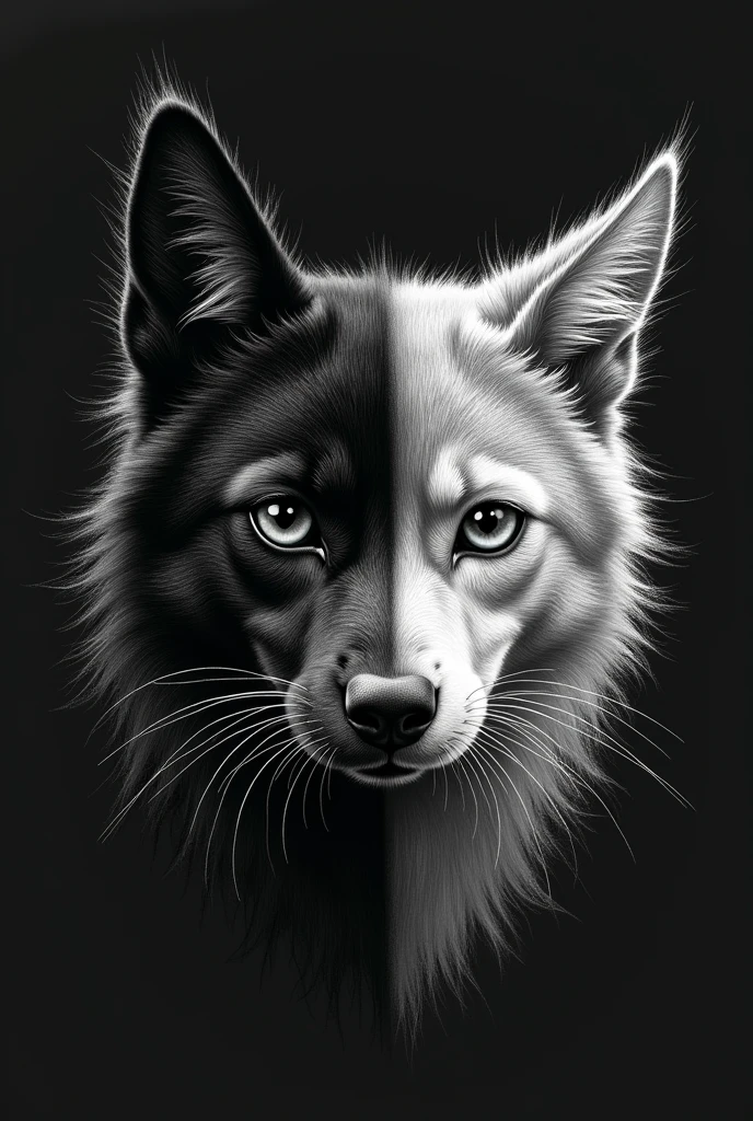 Create a music album cover. Half of a dog's face and the other of a cat with pencil sketch. Black background and drawing with white