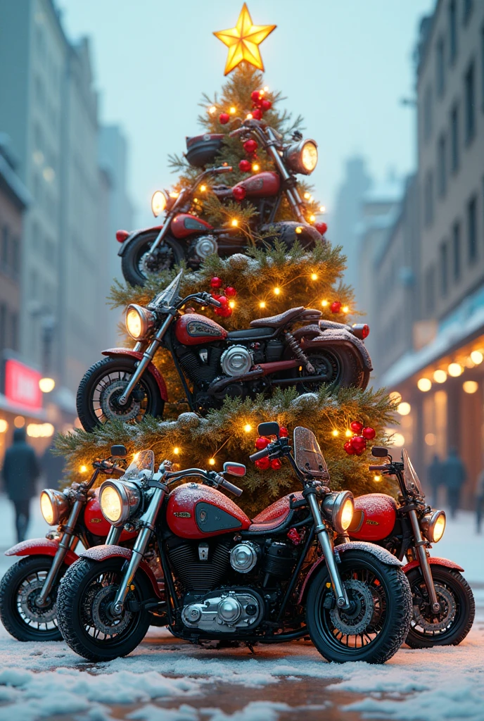 Several motorcycles together form a Christmas tree