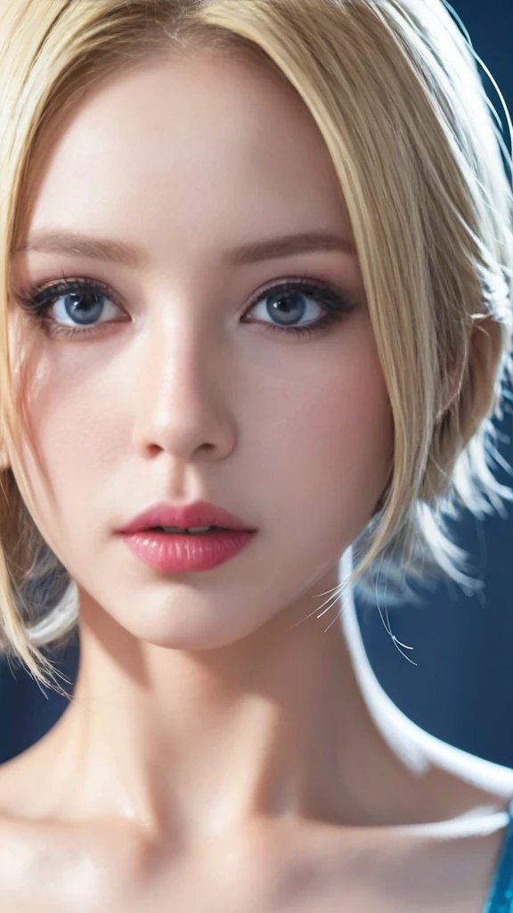 Natural blonde woman face close up ((natural blonde))blue colored eyes rosto perfeito cabelo loiro longo ,serious look, dark makeup around the eyes ((detailed blue eye)) perfect face blonde((blue colored eyes)) ((natural blonde hair))