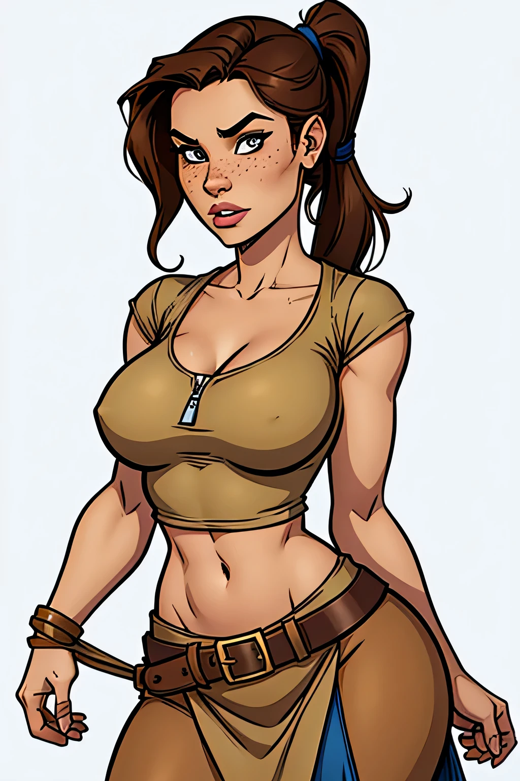 Thin woman (Lara Croft), age 25, 4K (High definition), series, seducing gaze, eyes browns, wearing a blue boat neck t-shirt and a long beige skirt with a brown belt and side zipper, arms positioned at the side of the body, brunette skin, long brown hair tangled (pony-tail), upper body, full of curves with freckles on her chest and neck, round breasts. High-quality Marvel style, white background.
