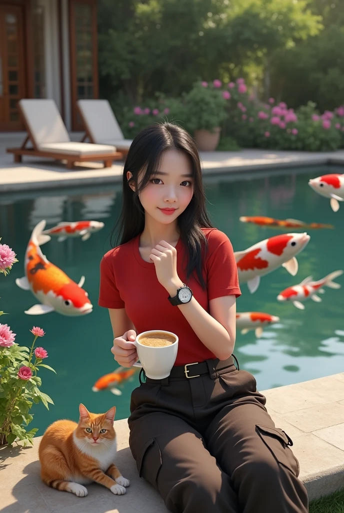Beautiful Korean girl, white skin, well-groomed face, long straight black hair tied, red t-shirt, dark brown cargo pants, wearing a cool watch, sitting by the pond there are koi fish, the koi fish look real, while holding hot coffee, there is an Angora cat by the big pond, colorful flowers, backdrop, luxury house with lounge chairs, looks authentic, real and realistic in photos