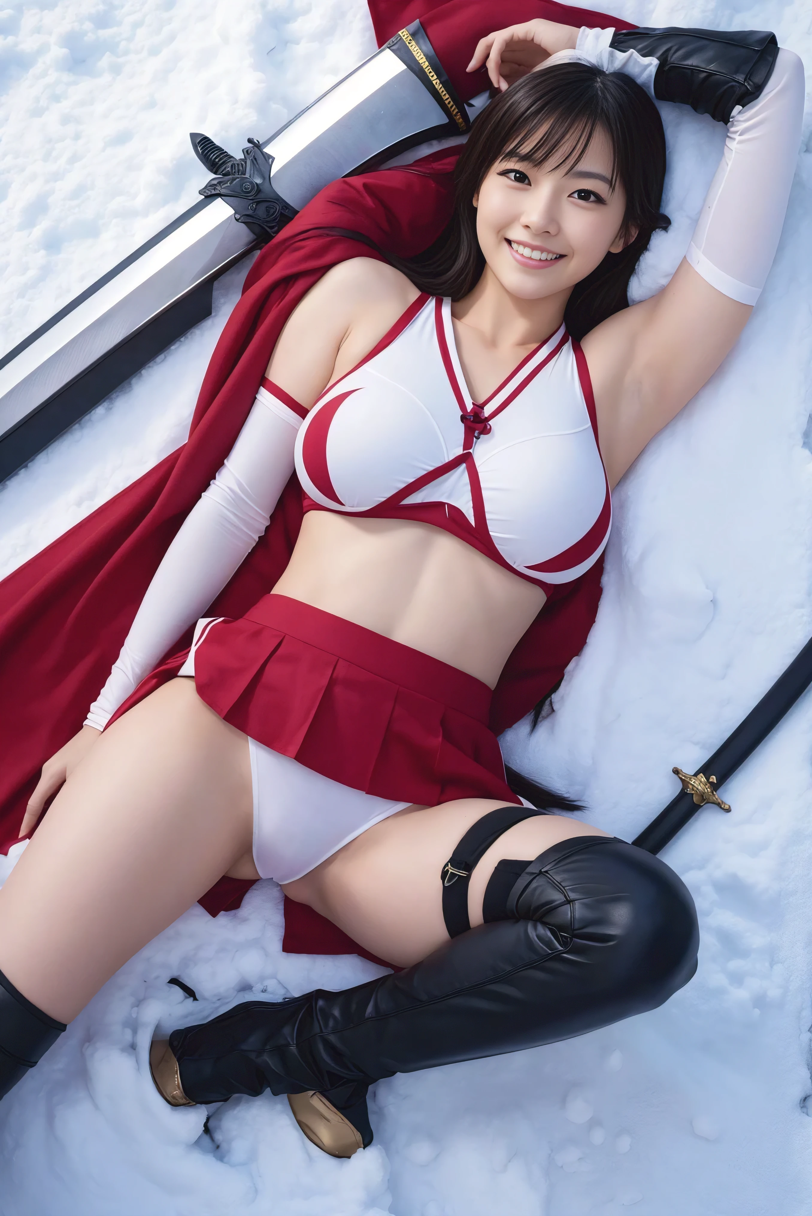 ((highest quality)), (be familiar with), perfect face, Japanese, 35yo, cute, smile, Full body Esbian:1.5, big breasts:1.5, Woman warrior:1.5, cheerleading uniform armor:1.5, adventurer, very big sword, very big sword, very big sword, very big gun, background(snow| stream), from above, lie down, spread legs, panty shot