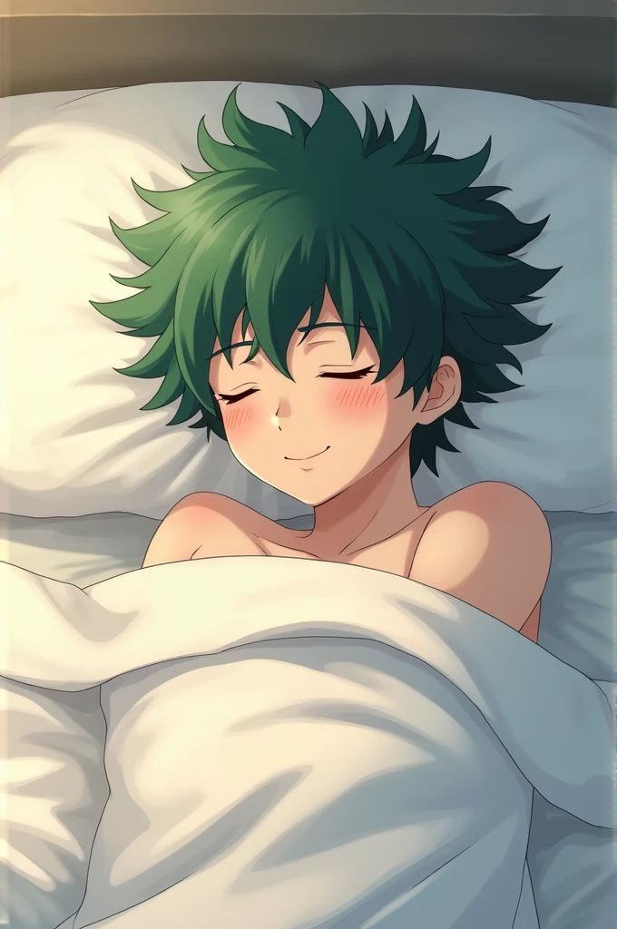 Midoriya Izuku lying on a white sheet, He's asleep.