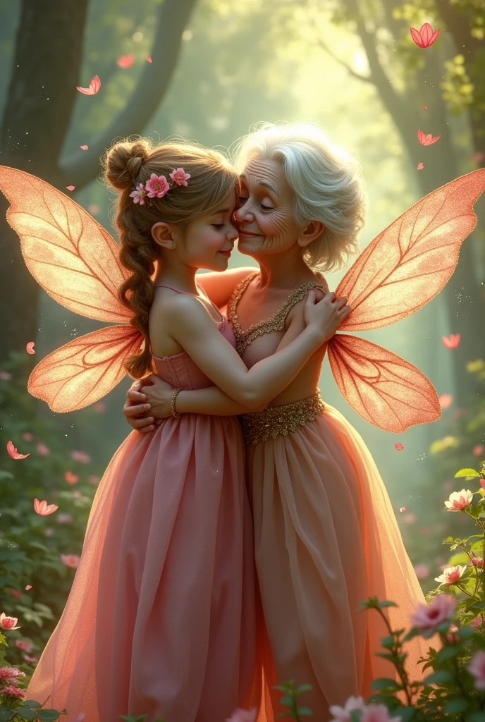 A  dressed as a fairy in a pink dress hugging her fairy grandmother 